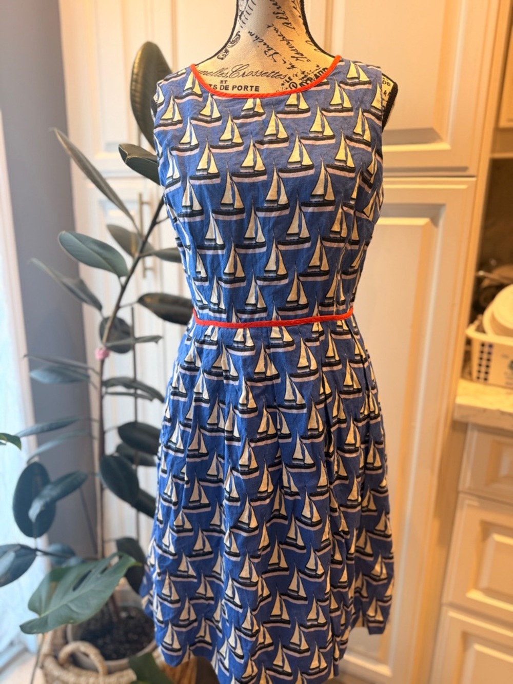 Kew London 100% Linen Nautical Boat Print Fit-and-Flare Dress with Red Trim